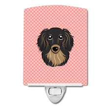 Load image into Gallery viewer, Checkerboard Pink Longhair Black and Tan Dachshund Ceramic Night Light BB1213CNL