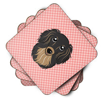 Load image into Gallery viewer, Checkerboard Pink Longhair Black and Tan Dachshund Coasters - Set of 4 Lightweight Foam, Absorbent Drink Coasters BB1213FC