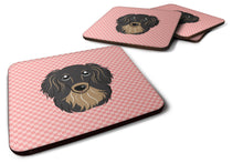 Load image into Gallery viewer, Checkerboard Pink Longhair Black and Tan Dachshund Coasters - Set of 4 Lightweight Foam, Absorbent Drink Coasters BB1213FC