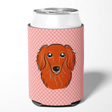 Load image into Gallery viewer, Checkerboard Pink Longhair Red Dachshund Can or Bottle Hugger BB1214CC