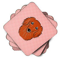 Load image into Gallery viewer, Checkerboard Pink Longhair Red Dachshund Coasters - Set of 4 Lightweight Foam, Absorbent Drink Coasters BB1214FC