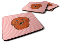 Load image into Gallery viewer, Checkerboard Pink Longhair Red Dachshund Coasters - Set of 4 Lightweight Foam, Absorbent Drink Coasters BB1214FC