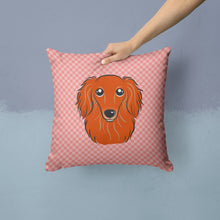 Load image into Gallery viewer, Checkerboard Pink Longhair Red Dachshund Canvas Throw Pillow - 14x14 Decorative Pillow – Art for Your Home &amp; Patio BB1214PW1414