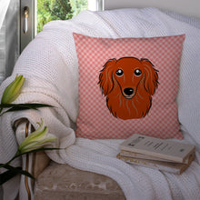 Load image into Gallery viewer, Checkerboard Pink Longhair Red Dachshund Canvas Throw Pillow - 14x14 Decorative Pillow – Art for Your Home &amp; Patio BB1214PW1414
