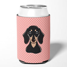 Load image into Gallery viewer, Checkerboard Pink Smooth Black and Tan Dachshund Can or Bottle Hugger BB1215CC
