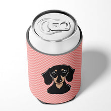 Load image into Gallery viewer, Checkerboard Pink Smooth Black and Tan Dachshund Can or Bottle Hugger BB1215CC