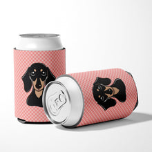 Load image into Gallery viewer, Checkerboard Pink Smooth Black and Tan Dachshund Can or Bottle Hugger BB1215CC