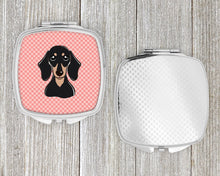 Load image into Gallery viewer, Checkerboard Pink Smooth Black and Tan Dachshund Compact Mirror – Stylish Purse Mirror with Artistic Covers BB1215SCM