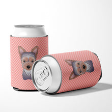 Load image into Gallery viewer, Checkerboard Pink Yorkie Puppy Can or Bottle Hugger BB1232CC