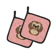Load image into Gallery viewer, Checkerboard Pink Chocolate Brown Shih Tzu Pot Holders - Set of 2 - Heat-Resistant Kitchen Essentials BB1249PTHD