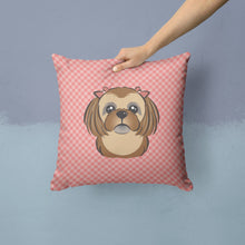 Load image into Gallery viewer, Checkerboard Pink Chocolate Brown Shih Tzu Canvas Throw Pillow - 14x14 Decorative Pillow – Art for Your Home &amp; Patio BB1249PW1414