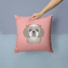 Load image into Gallery viewer, Checkerboard Pink Gray Silver Shih Tzu Canvas Throw Pillow - 14x14 Decorative Pillow – Art for Your Home &amp; Patio BB1250PW1414