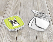 Load image into Gallery viewer, Checkerboard Lime Green Boston Terrier Compact Mirror – Stylish Purse Mirror with Artistic Covers BB1265SCM