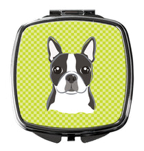 Load image into Gallery viewer, Checkerboard Lime Green Boston Terrier Compact Mirror – Stylish Purse Mirror with Artistic Covers BB1265SCM