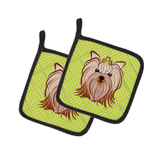 Load image into Gallery viewer, Checkerboard Lime Green Yorkie Yorkishire Terrier Pot Holders - Set of 2 - Heat-Resistant Kitchen Essentials BB1266PTHD