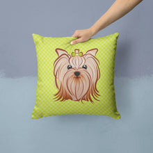 Load image into Gallery viewer, Checkerboard Lime Green Yorkie Yorkshire Terrier Canvas Throw Pillow - 14x14 Decorative Pillow – Art for Your Home &amp; Patio BB1266PW1414