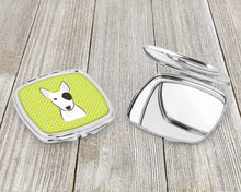 Load image into Gallery viewer, Checkerboard Lime Green Bull Terrier Compact Mirror – Stylish Purse Mirror with Artistic Covers BB1271SCM
