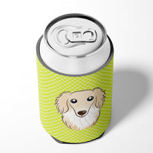 Load image into Gallery viewer, Checkerboard Lime Green Longhair Creme Dachshund Can or Bottle Hugger BB1274CC