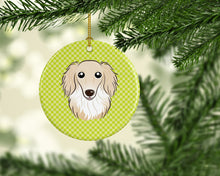 Load image into Gallery viewer, Checkerboard Lime Green Longhair Creme Dachshund Ceramic Ornament BB1274CO1