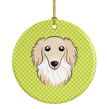 Load image into Gallery viewer, Checkerboard Lime Green Longhair Creme Dachshund Ceramic Ornament BB1274CO1