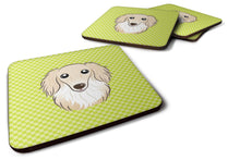 Load image into Gallery viewer, Checkerboard Lime Green Longhair Creme Dachshund Coasters - Set of 4 Lightweight Foam, Absorbent Drink Coasters BB1274FC
