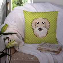 Load image into Gallery viewer, Checkerboard Lime Green Longhair Creme Dachshund Canvas Throw Pillow - 14x14 Decorative Pillow – Art for Your Home &amp; Patio BB1274PW1414