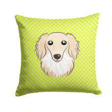 Load image into Gallery viewer, Checkerboard Lime Green Longhair Creme Dachshund Canvas Throw Pillow - 14x14 Decorative Pillow – Art for Your Home &amp; Patio BB1274PW1414
