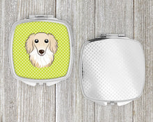 Load image into Gallery viewer, Checkerboard Lime Green Longhair Creme Dachshund Compact Mirror – Stylish Purse Mirror with Artistic Covers BB1274SCM