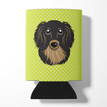 Load image into Gallery viewer, Checkerboard Lime Green Longhair Black and Tan Dachshund Can or Bottle Hugger BB1275CC