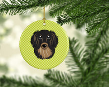 Load image into Gallery viewer, Checkerboard Lime Green Longhair Black and Tan Dachshund Ceramic Ornament BB1275CO1