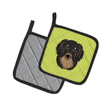 Load image into Gallery viewer, Checkerboard Lime Green Longhair Black and Tan Dachshund Pot Holders - Set of 2 - Heat-Resistant Kitchen Essentials BB1275PTHD