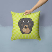 Load image into Gallery viewer, Checkerboard Lime Green Longhair Black and Tan Dachshund Canvas Throw Pillow - 14x14 Decorative Pillow – Art for Your Home &amp; Patio BB1275PW1414