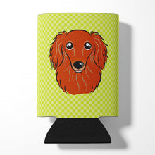 Load image into Gallery viewer, Checkerboard Lime Green Longhair Red Dachshund Can or Bottle Hugger BB1276CC