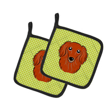 Load image into Gallery viewer, Checkerboard Lime Green Longhair Red Dachshund Pot Holders - Set of 2 - Heat-Resistant Kitchen Essentials BB1276PTHD