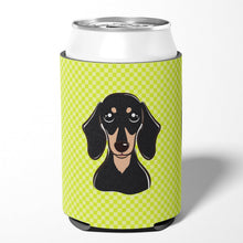 Load image into Gallery viewer, Checkerboard Lime Green Smooth Black and Tan Dachshund Can or Bottle Hugger BB1277CC