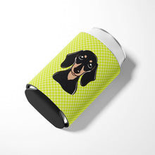 Load image into Gallery viewer, Checkerboard Lime Green Smooth Black and Tan Dachshund Can or Bottle Hugger BB1277CC