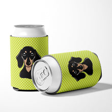 Load image into Gallery viewer, Checkerboard Lime Green Smooth Black and Tan Dachshund Can or Bottle Hugger BB1277CC