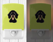 Load image into Gallery viewer, Checkerboard Lime Green Smooth Black and Tan Dachshund Ceramic Night Light BB1277CNL