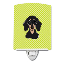 Load image into Gallery viewer, Checkerboard Lime Green Smooth Black and Tan Dachshund Ceramic Night Light BB1277CNL