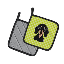 Load image into Gallery viewer, Checkerboard Lime Green Smooth Black and Tan Dachshund Pot Holders - Set of 2 - Heat-Resistant Kitchen Essentials BB1277PTHD