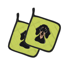 Load image into Gallery viewer, Checkerboard Lime Green Smooth Black and Tan Dachshund Pot Holders - Set of 2 - Heat-Resistant Kitchen Essentials BB1277PTHD