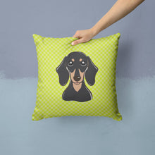 Load image into Gallery viewer, Checkerboard Lime Green Smooth Black and Tan Dachshund Canvas Throw Pillow - 14x14 Decorative Pillow – Art for Your Home &amp; Patio BB1277PW1414