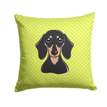 Load image into Gallery viewer, Checkerboard Lime Green Smooth Black and Tan Dachshund Canvas Throw Pillow - 14x14 Decorative Pillow – Art for Your Home &amp; Patio BB1277PW1414