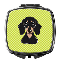 Load image into Gallery viewer, Checkerboard Lime Green Smooth Black and Tan Dachshund Compact Mirror – Stylish Purse Mirror with Artistic Covers BB1277SCM
