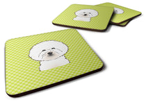 Load image into Gallery viewer, Checkerboard Lime Green Bichon Frise Coasters - Set of 4 Lightweight Foam, Absorbent Drink Coasters BB1279FC
