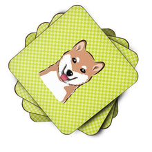 Load image into Gallery viewer, Checkerboard Lime Green Shiba Inu Coasters - Set of 4 Lightweight Foam, Absorbent Drink Coasters BB1287FC