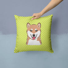 Load image into Gallery viewer, Checkerboard Lime Green Shiba Inu Canvas Throw Pillow - 14x14 Decorative Pillow – Art for Your Home &amp; Patio BB1287PW1414