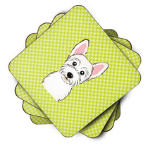 Load image into Gallery viewer, Checkerboard Lime Green Westie Coasters - Set of 4 Lightweight Foam, Absorbent Drink Coasters BB1288FC