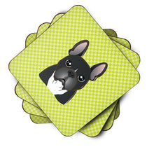 Load image into Gallery viewer, Checkerboard Lime Green French Bulldog Coasters - Set of 4 Lightweight Foam, Absorbent Drink Coasters BB1289FC
