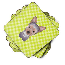 Load image into Gallery viewer, Checkerboard Lime Green Yorkie Puppy Coasters - Set of 4 Lightweight Foam, Absorbent Drink Coasters BB1294FC